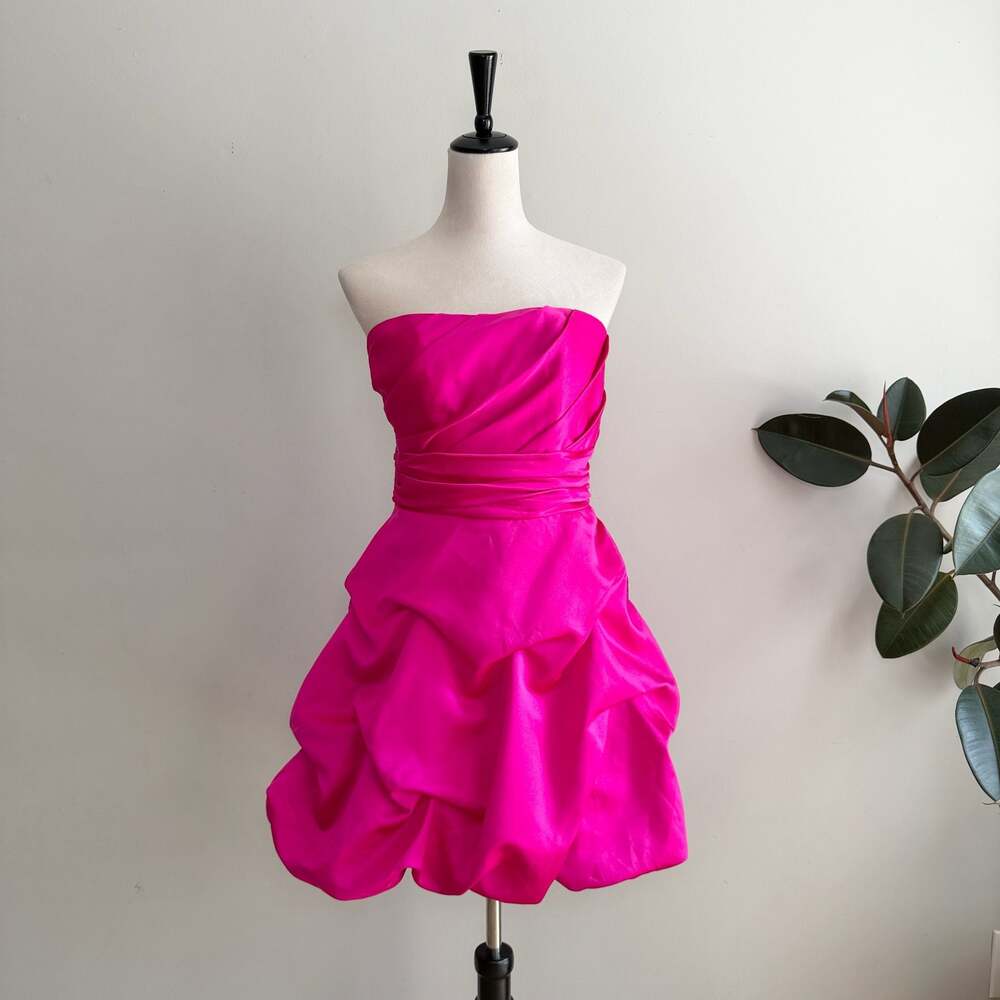 David's Bridal Hot Pink Strapless Satin Bubble Hem Mini Dress